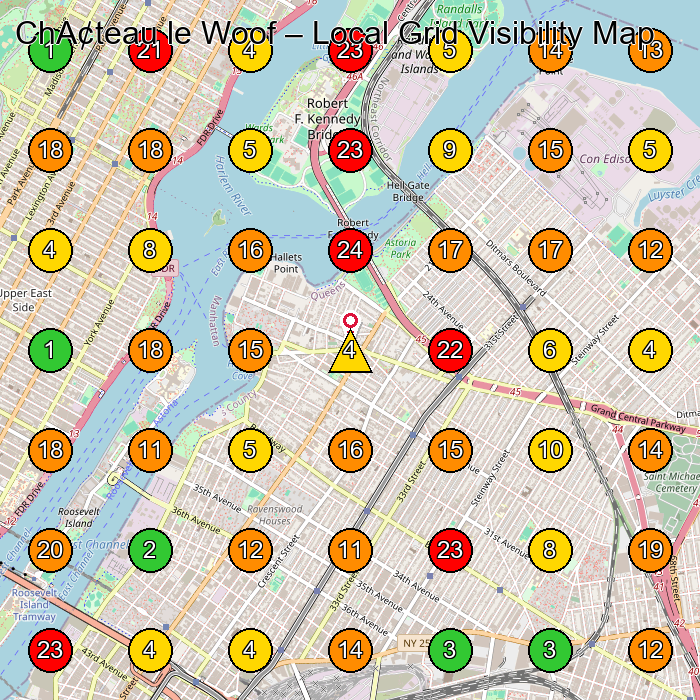 ChA¢teau le Woof Coffee Shops GeoGrid ranking map for Queens NY